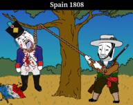 1808 2soyjaks blood bloodshot_eyes closed_mouth clothes crying drawn_background eyelashes flag flag:france france full_body gun hair hanging hat holding_object holding_rope lynching musket mustache napoleonic_war rifle rope side_burns smile soyjak spain stubble tongue tree variant:bernd variant:chudjak yellow_teeth // 1350x1069 // 486.1KB