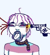 blood bloodshot_eyes firearm gun hair hand holding_gun holding_object holding_pistol nazism open_mouth pistol pixel_art purple_hair redraw rope soyjak stubble swastika tongue tranny variant:bernd weapon ywnbaw // 300x332 // 26.2KB