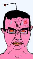 anger_mark angry antenna bloodshot_eyes closed_mouth crying ear glasses hair orange_eyes pink_skin reddit soyjak subvariant:chudjak_front variant:chudjak vein yellow_teeth // 392x700 // 25.2KB