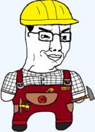 arm clothes engineer full_body glasses hammer hat helmet holding_hammer holding_object leg smile smug soyjak swastika variant:chudjak // 976x1360 // 52.2KB