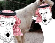 2soyjaks animal arab arm beard clothes glasses goat hair hand hat irl_background keffiyeh open_mouth pointing soyjak stubble variant:two_pointing_soyjaks // 4096x3239 // 12.7MB