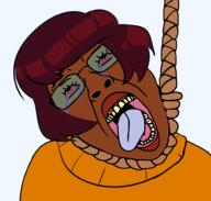 bloodshot_eyes brown_hair brown_skin cartoon clothes crying dark_skin dead eyelashes glasses hair hanging indian indian_female lipstick open_mouth rope scooby_doo suicide sweater teeth tongue transparent variant:bernd velma_dinkley yellow_teeth // 1974x1885 // 508.4KB