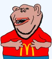 amerimutt arm brown_skin clothes ear hand lips mcdonalds mutt open_mouth red_shirt soyjak stubble subvariant:impish_amerimutt variant:impish_soyak_ears // 897x1021 // 29.7KB