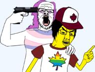 2soyjaks arm asian canada clothes country firearm flag gay glasses gun hair hand hat holding_gun holding_object holding_pistol jacket makeup open_mouth pistol pointing purple_hair soyjak tranny variant:a24_slowburn_soyjak variant:chudjak weapon yellow_skin // 1038x782 // 282.7KB