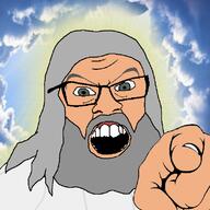 beard christianity clothes glasses glowing god green_eyes grey_hair hair hand heaven mustache open_mouth pointing pointing_at_viewer religion robe sky soyjak variant:feraljak white_skin // 800x800 // 372.2KB