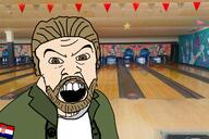 beard bowling brown_eyes brown_hair clothes croat flag irl_background meta:tagme open_mouth soyjak variant:feraljak white_skin // 1300x866 // 1.2MB