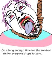 bloodshot_eyes crying dead flag glasses hair hanging mustache open_mouth purple_hair rope soyjak stubble suicide text tongue tranny variant:bernd yellow_teeth zerohedge // 768x846 // 100.7KB