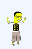 animated arm asian bloodshot_eyes clothes crying full_body glasses hair hand hands_up leg soyjak stopasianhate tshirt variant:chudjak yellow_skin // 289x445 // 152.9KB