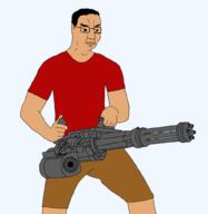 angry arm cargo_shorts closed_mouth clothes glasses gun hair hand holding_gun holding_object minigun sonnenrad soyjak variant:chudjak white_skin // 998x1024 // 157.6KB