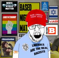 baseball_cap black_lives_matter breitbart clothes donald_trump flag gay glasses hat infowars irl_background israel lgbt maga maga_hat police raised_fist_(symbol) soyjak stubble sweating text the_blaze tranny variant:feraljak // 925x900 // 948.5KB