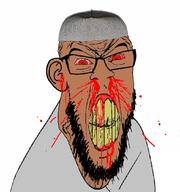 angry beard blood bloodshot_eyes broken_teeth brown_skin clenched_teeth clothed clothes cracked_teeth ear glasses hat islam muslims nosebleed red_eyes soyjak taqiyah variant:feraljak vein yellow_teeth // 1014x1080 // 486.4KB