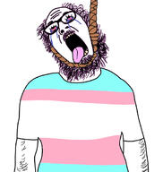 arm bloodshot_eyes clothes crying flag glasses hair hanging looking_up mustache open_mouth purple_hair rope soyjak suicide tongue tranny tshirt variant:ignatius yellow_teeth // 656x693 // 183.5KB