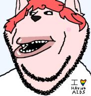 aids clothes faggot furry gay heart i_love lips mutt nara open_mouth red_hair soyjak stubble text variant:impish_soyak_ears // 598x628 // 38.9KB