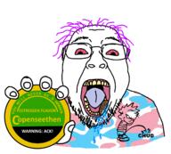 arm bloodshot_eyes glasses hair hand holding_object open_mouth purple_hair saliva soyjak stubble text tobacco tongue tranny variant:bernd yellow_teeth ywnbaw // 1665x1501 // 551.8KB