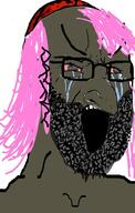 beard black_skin bloodshot_eyes clothes crying glasses hair hat judaism kippah open_mouth pink_hair soyjak stretched_mouth tranny variant:soyak // 636x1000 // 559.5KB