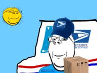 2soyjaks blue_shirt cap clothes drawn_background glasses hat logo mailman package smile soyjak stubble subvariant:wholesome_soyjak sun usps variant:gapejak vehicle // 1080x810 // 282.1KB