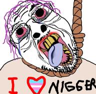 bloodshot_eyes clothes crying deformed flag glasses hanging i_heart_nigger i_love mustache nigger open_mouth purple_hair rope soyjak stubble suicide text tongue tranny variant:bernd yellow_teeth // 726x711 // 482.0KB