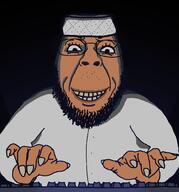 arab arm beard brown_skin clenched_teeth clothes fat glasses grin hand islam keyboard long_nails smile taqiyah tranny typing variant:bernd yellow_teeth // 1906x2048 // 332.8KB