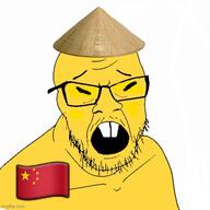 asian buck_teeth china clothes edit emoticon flag flag:china glasses hat imgflip.com mustache nerd open_mouth small_eyes soyjak star_(symbol) stubble variant:feraljak yellow_skin // 500x500 // 56.3KB