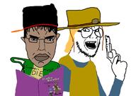 2soyjaks angry anime book brown_skin closed_mouth death_note ear firearm glasses gun hair hol_horse holding_book holding_gun holding_object holding_pistol jojos_bizarre_adventure millions_must_die oingo_boingo open_mouth pistol revolver soyjak stubble subvariant:chudjak_front variant:chudjak variant:unknown weapon yellow_hair // 1219x861 // 203.9KB