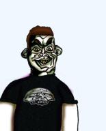 2soyjaks arm brown_hair clothes deformed disney ear glasses green_eyes grin hair hand open_mouth pixar pun sid_(toy_story) skull smirk toy_story tshirt variant:sidjak yellow_teeth // 3312x4100 // 4.9MB