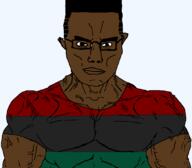 black_skin brown_eyes buff closed_mouth clothes flag glasses hair pan_african soyjak subvariant:chudjak_front subvariant:muscular_chud tshirt variant:chudjak vein // 1059x929 // 21.8KB