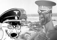 bloodshot_eyes clothes communism crying gigachad glasses gun hammer_and_sickle hat history military_beret nazism open_mouth soyjak star stubble variant:cryboy_soyjak weapon world_war_2 // 900x627 // 291.0KB