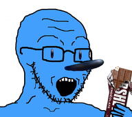 arm blue_skin chocolate glasses hersheys holding_object large_nose open_mouth soyjak stubble variant:soyak vulnerable // 1062x938 // 163.8KB