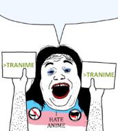 anime antifa armflag hair hand holding_object open_mouth soyjak speech_bubble speech_bubble_empty stubble text tranny variant:alicia // 949x1061 // 81.9KB