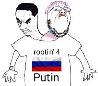 2soyjaks angry arm closed_mouth clothes flag get_along_shirt glasses hair purple_hair russia russo_ukrainian_war siamese_twins soyjak stubble subvariant:chudjak_seething text tranny tshirt variant:chudjak variant:gapejak vladimir_putin watch wristwatch // 720x629 // 151.8KB