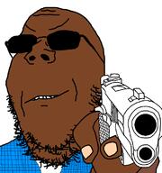 black_skin clothes glasses gun hand holding_gun holding_object holding_pistol pistol smile smirk smug soyjak stubble sunglasses variant:gapejak // 743x791 // 60.5KB