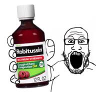 bottle cough_medicine drugs dxm holding_bottle holding_object liquid medicine meds open_mouth plastic_bottle robotussin soyjak variant:markiplier_soyjak // 763x731 // 460.1KB