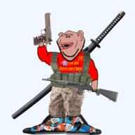 black_lives_matter brown_skin camouflage clothes ear firearm full_body gun holding_gun holding_object holding_pistol holding_rifle katana mcdonalds open_mouth pistol rifle shoe sneakers soyjak stubble sword text variant:impish_soyak_ears weapon // 888x888 // 442.3KB