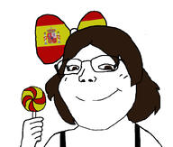 bloodshot_eyes bow brown_eyes brown_hair candy clothes country ear female flag girl glasses hair hand hanging holding_lollipop holding_object loli lollipop open_mouth red_eyes rope soyjak spain spanish subvariant:soylita suicide tongue variant:carterjak variant:gapejak white_skin zoomer // 1012x861 // 227.6KB