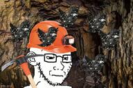 bird cave closed_mouth coal ear frown glasses irl_background logo miner mining_helmet pickaxe sad soyjak stubble twitter variant:soyak // 800x533 // 980.3KB