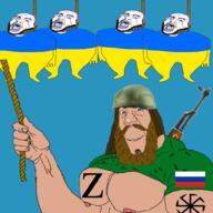 ak-47 beard brown_beard combat_helmet flag:russia flag:ukraine hand hanging helmet holding_object holding_rope jimmy_davis long_hair military murder muscles mustache nipple oink rope russia russo_ukrainian_war smile tranny ukraine variant:cobson variant:jimmy_davis ytp z_(russian_symbol) // 1000x1000 // 333.1KB