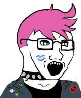 choker clothes communism enbie flag glasses hair hammer_and_sickle jacket lgbt open_mouth pentagram pink_hair reddit satanism soyjak star tranny variant:soyak // 742x897 // 32.8KB