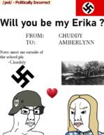 2soyjaks clothes erika female flag heart helmet irl meme nazi_germany nazism pol_(4chan) poster schutzstaffel soyjak swastika text trad_wife valentine variant:chudjak yellow_hair // 527x680 // 171.8KB