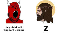 black_sclera demon facial_mark forehead_mark glasses god horn jesus mark_of_the_beast no_pupils nordic_chad open_mouth pentagram_forehead_mark red_skin russia russo_ukrainian_war satan soyjak stubble text ukraine variant:gapejak z_(russian_symbol) // 816x500 // 61.6KB