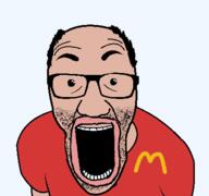 amerimutt balding brown_skin clothes lips mcdonalds open_mouth red_shirt soyjak tshirt variant:el_perro_rabioso // 427x400 // 26.9KB