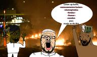 3soyjaks ak-47 arab arm beard beardeard brainless brown_skin excited fist france glasses goat gun hair hand hands_up irl_background islam looking_at_you open_mouth quran rifle riot speech_bubble stubble sweden taqiyah terrorist text turban variant:a24_slowburn_soyjak variant:excited_soyjak variant:soyak weapon yellow_sclera yellow_teeth // 998x592 // 657.6KB