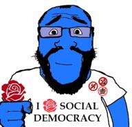 badge beard blue_skin calm closed_mouth communism flower glasses holding_object i_love monarchy nazism plant rose smile social_democracy soyjak subvariant:science_lover variant:markiplier_soyjak // 816x785 // 165.2KB