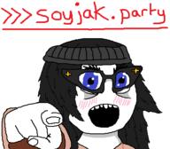 beanie blue_eyes blush clothes female glasses hair hand hat open_mouth pointing pointing_at_viewer soyjak soyjak_party text variant:soytan // 436x382 // 14.5KB