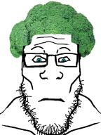 blue_eyes broccoli buff closed_mouth food glasses neutral soyjak stubble variant:markiplier_soyjak vegetable // 600x800 // 231.6KB