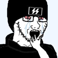 arm beanie bloodshot_eyes clothes crying glasses hand hat hoodie nazism open_mouth politics schutzstaffel soyjak stubble variant:soyak // 383x380 // 55.2KB