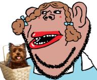 amerimutt basket black_sclera blush braids brown_hair brown_skin clothes dog dorothy ear eyelashes long_hair open_mouth pigtails ribbon stubble subvariant:impish_amerimutt variant:impish_soyak_ears white_shirt wizard_of_oz // 778x640 // 203.2KB