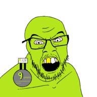 angry badge bloodshot_eyes glasses green_skin kiwifarms mustache oldfag open_mouth soyjak stubble text tranny variant:feraljak yellow_teeth // 1500x1500 // 40.1KB