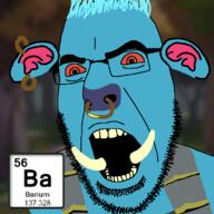 alkali_earth_metal angry barium bloodshot_eyes blue_skin bull chemistry ear element glasses open_mouth red_eyes soyjak stubble tusk variant:cobson // 779x779 // 187.7KB