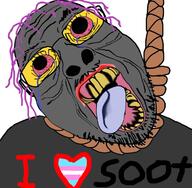 bloodshot_eyes clothes crying deformed glasses grey_skin hair hanging i_love open_mouth purple_hair rope soot soot_colors soyjak soyjak_party stubble suicide text tranny variant:bernd // 726x711 // 391.9KB