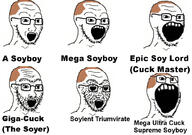 brown_hair epic_soy_lord_(cuck_master) giga_cuck_(the_soyer) glasses mega_soyboy mega_ultra_cuck_supreme_soyboy multiple_soyjaks no_eyes no_nose open_mouth soy soyboy soyjak soylent soylent_triumvirate stubble text variant:soyak // 1024x721 // 266.6KB